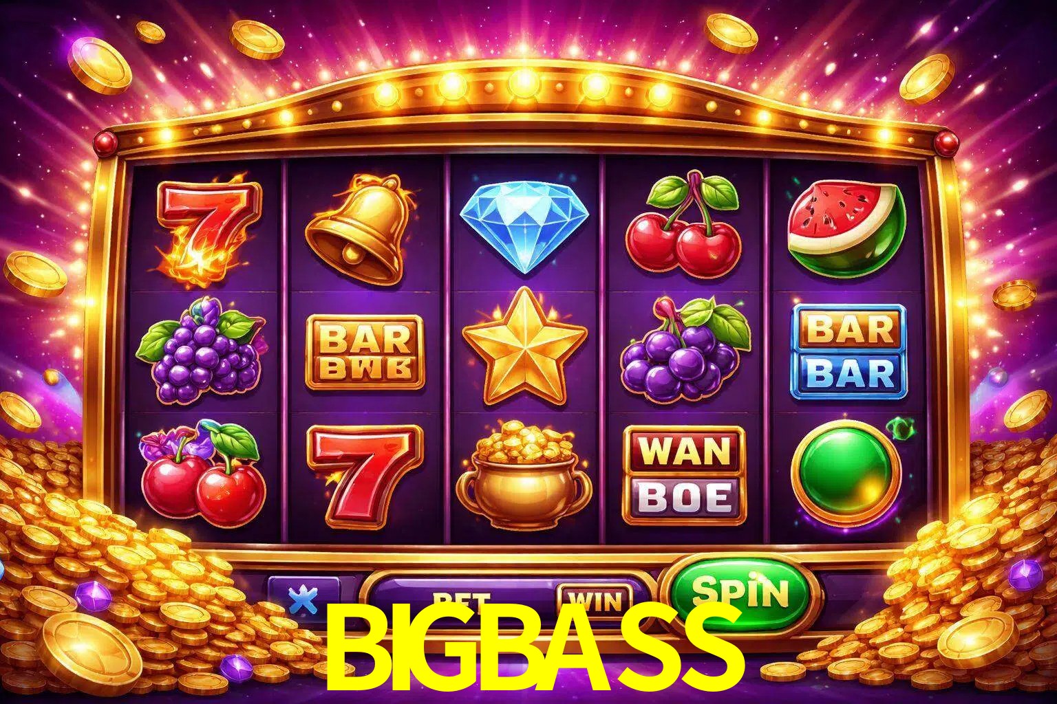 Una interfaz colorida de tragamonedas en línea con símbolos brillantes, monedas y un efecto de victoria celebratoria en BIGBASS.