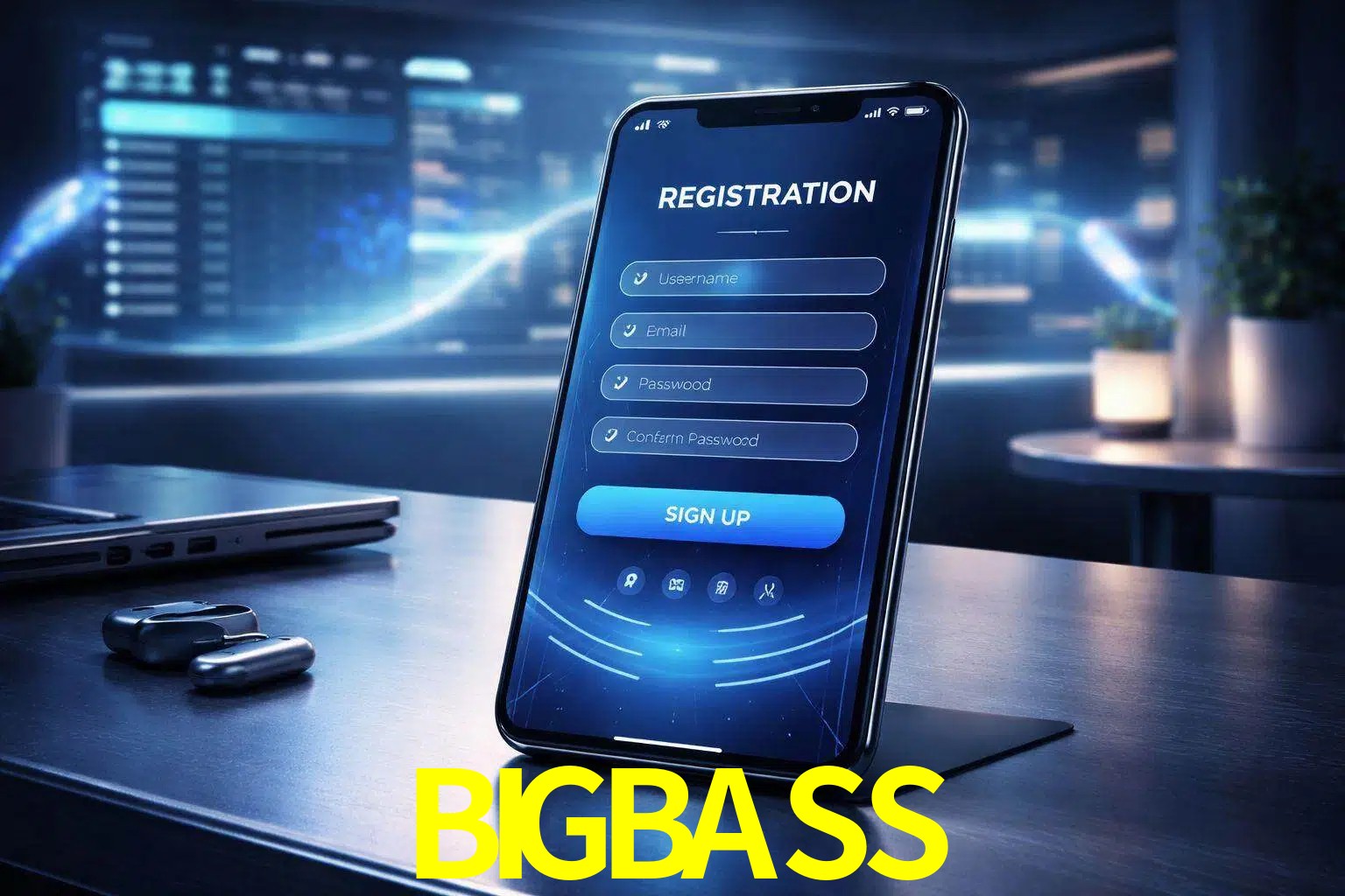 Una interfaz moderna de registro móvil para BIGBASS mostrada en un smartphone con un panel de apuestas elegante.